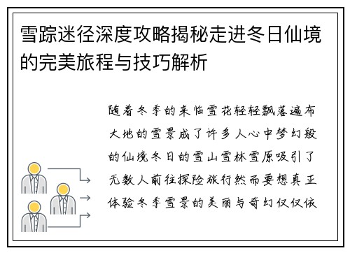 雪踪迷径深度攻略揭秘走进冬日仙境的完美旅程与技巧解析